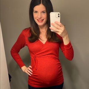 Red Maternity Plush Knit Red Tie Front Holiday Top